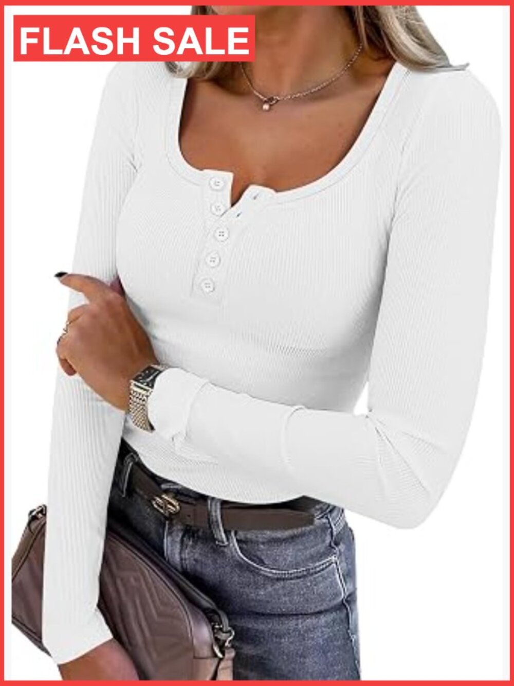 Women's Long Sleeve Henley T-Shirt Ribbed Knit